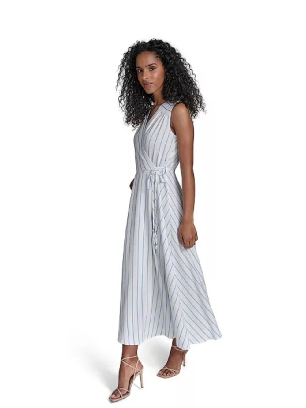 Calvin Klein White Midi Faux Wrap Dress with Light Blue Pinstripes and Tie Waist